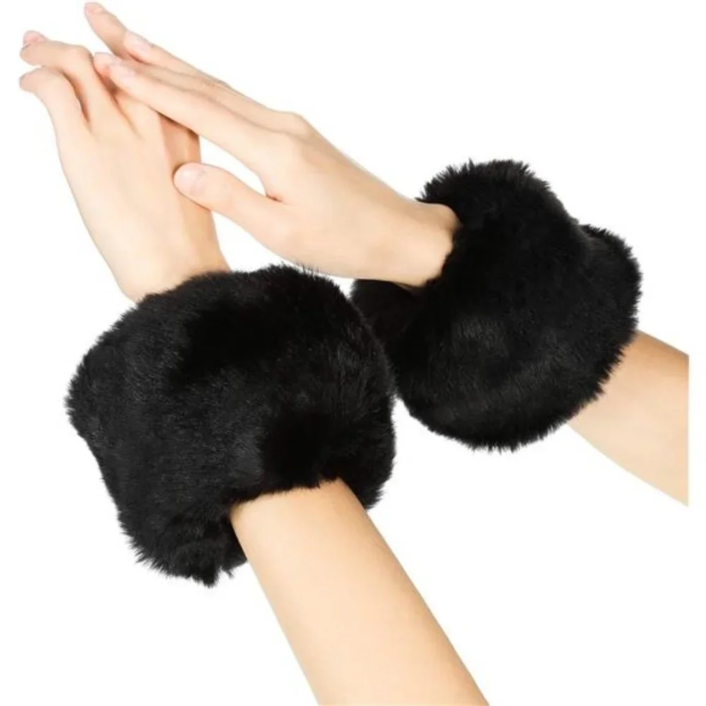 Black Fuzzy Faux Fur Pom Pom Wrist Cuffs Furry Arm Bands Arm Warmers Glove‎